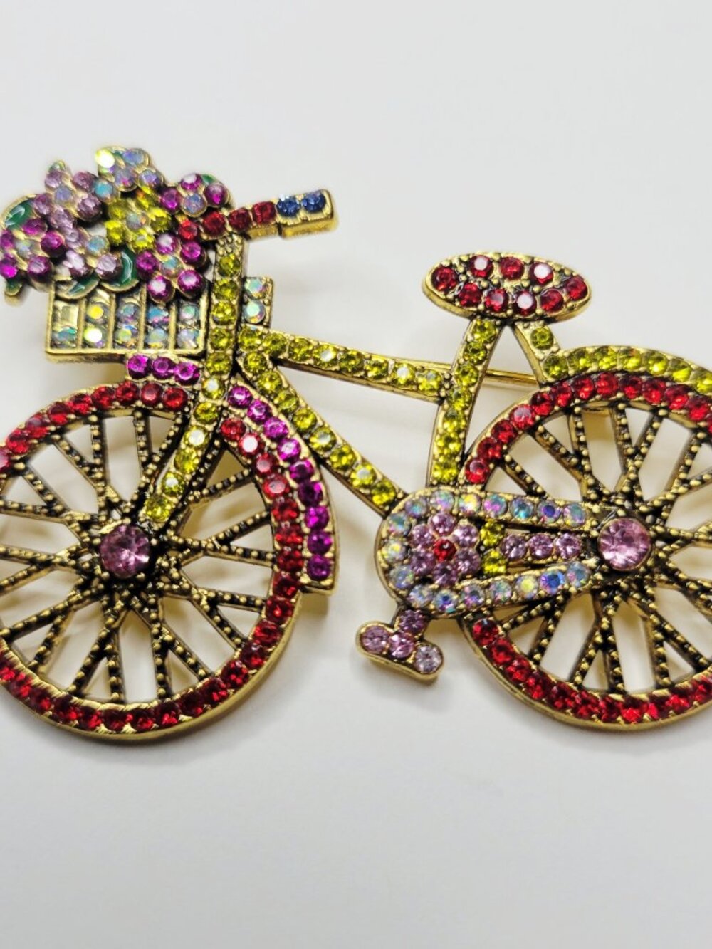 NWT Bicycle With Basket Of Flowers Brooch Pin Green Pink Red Orange Blue Gold